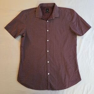 River Island Maroon Slim Fit Polka Dot Button Down Short Sleeve Shirt HAL3